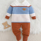 Kids Patchwork Textured Colorblock Striped Lapel Cartoon Bear Pattern Knitted Romper.
