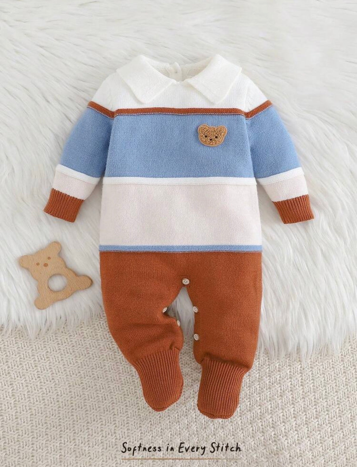 Kids Patchwork Textured Colorblock Striped Lapel Cartoon Bear Pattern Knitted Romper.