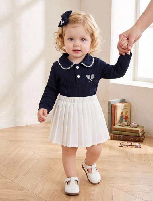 2-Piece Set, Small Cable Knit Collared Polo Cardigan + Elastic Waist Pleated Skirt.