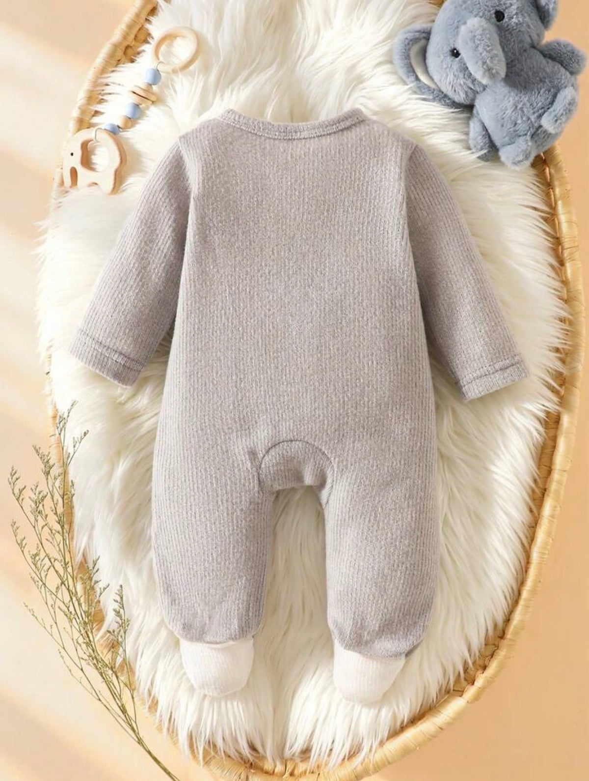 1pc Newborn Baby Footie Romper Elephant Embroidered Ribbed Long Sleeve Round Neck.