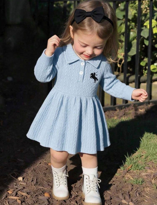 Girl Vintage Preppy Horse Soldier Embroidered Polo Collar Long Sleeve Knit Dress. (Delivery By 18th October)