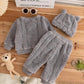 Kids 3pcs/Set Baby Boys & Girls Grey Autumn Cute Modest Family Matching Plush Bear Jacquard Fleece Crew Neck Sweatshirt, Fleece Sweatpants & Plush Ear Hat.( Delivery by 10th October)