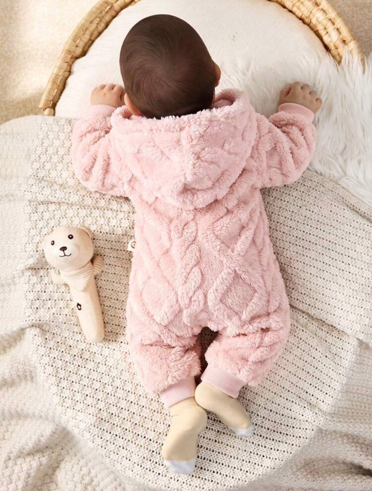 Baby Girl Cartoon Bear Pattern Thermal Lined Thick Hooded Long Sleeve Autumn Winter Jumpsuit