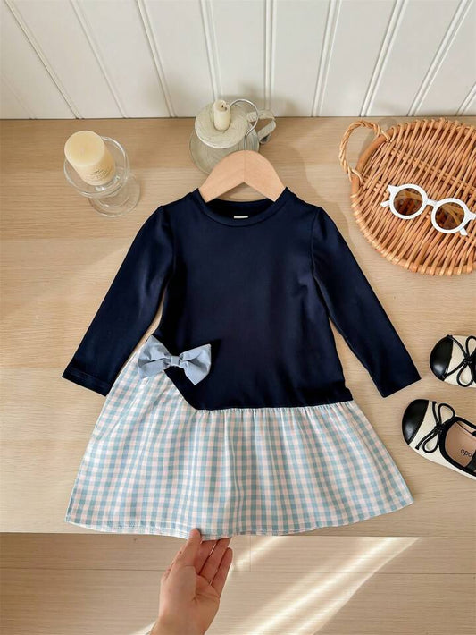 Casual Knitted Crew Neck Long Sleeve Plaid Patchwork Dress.