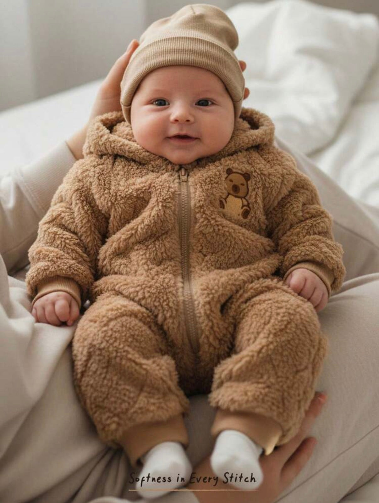 Baby Girl/Boy Cartoon Bear Pattern Thermal Lined Thick Hooded Long Sleeve Autumn Winter Jumpsuit