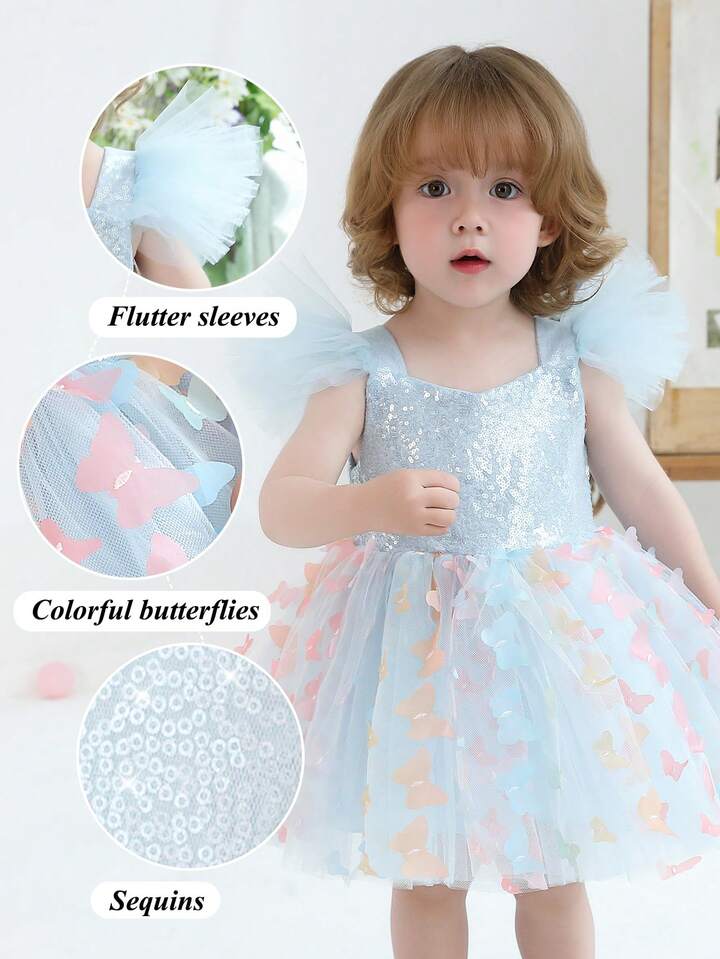 Baby Girls Flutter Sleeve Sequin 3D Bow Elegant Party Dress.