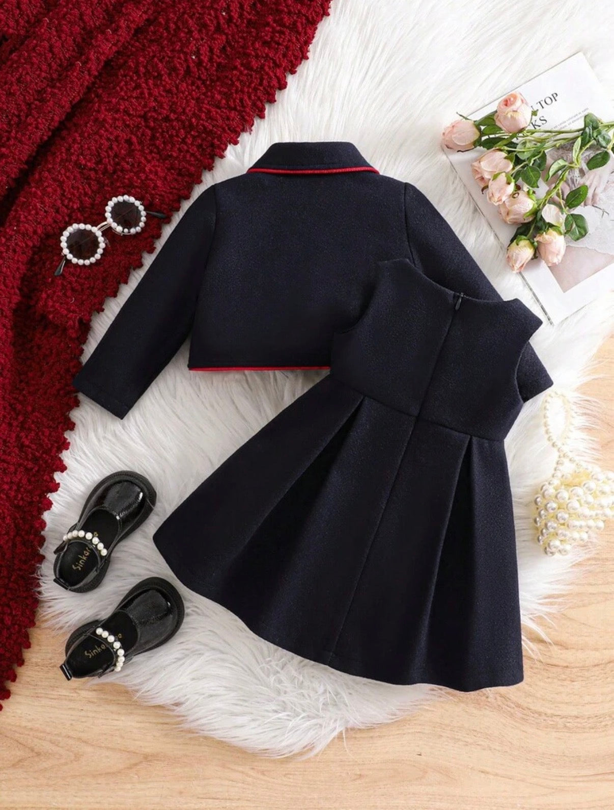 Girl Navy Long Sleeve Jacket & Dress Set.