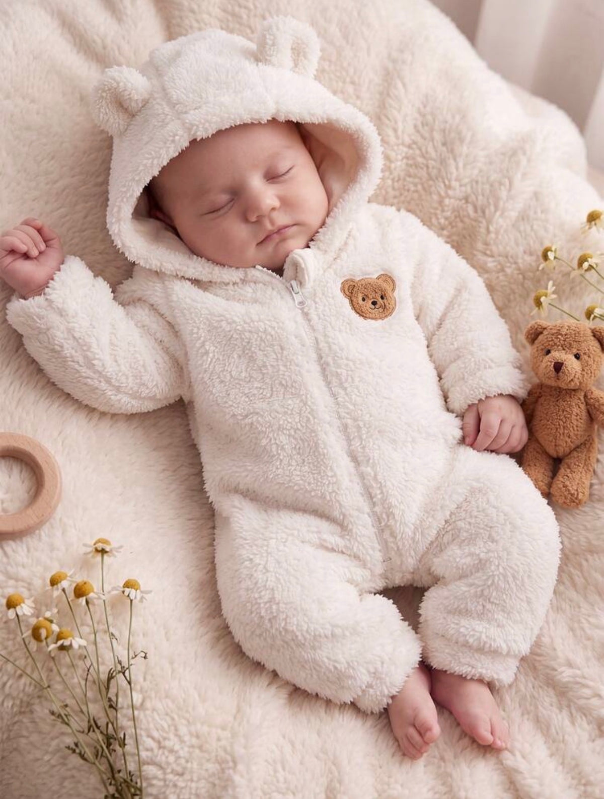 Cartoon Bear Pattern Long Sleeve Hooded Autumn Winter Romper.