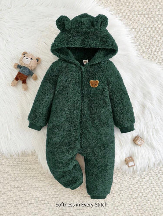 Cartoon Bear Pattern Ear Hooded Thick Jumpsuit.