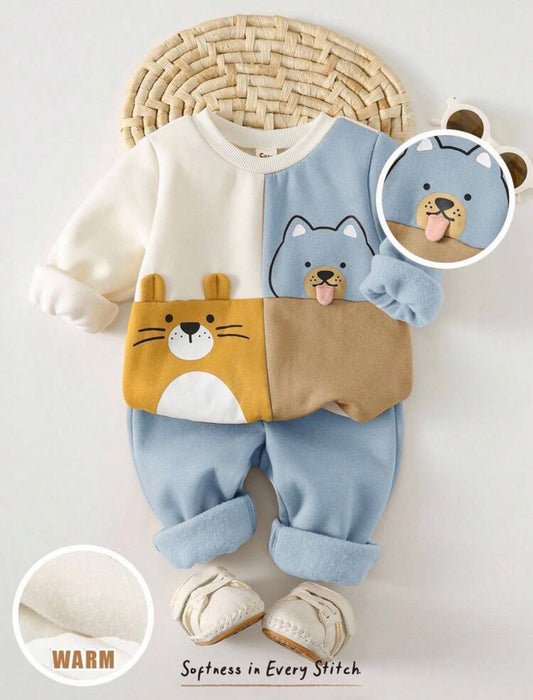 2pcs Baby Boy Cartoon Animal Print Knit Soft Crew Neck Long Sleeve Pullover Sweatshirt And Elastic Waist Jogger Pants Set.
