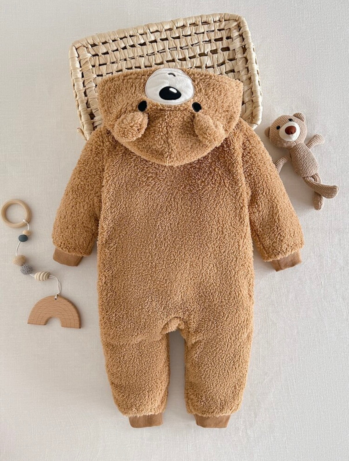 Cartoon Bear Long Sleeve Plush Romper, Suitable For Autumn/Winter.