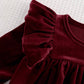 Round Neck Ruffle Hem Cinched Waist Long Sleeve Dress Burgundy.   (Delivery By Oct 10)