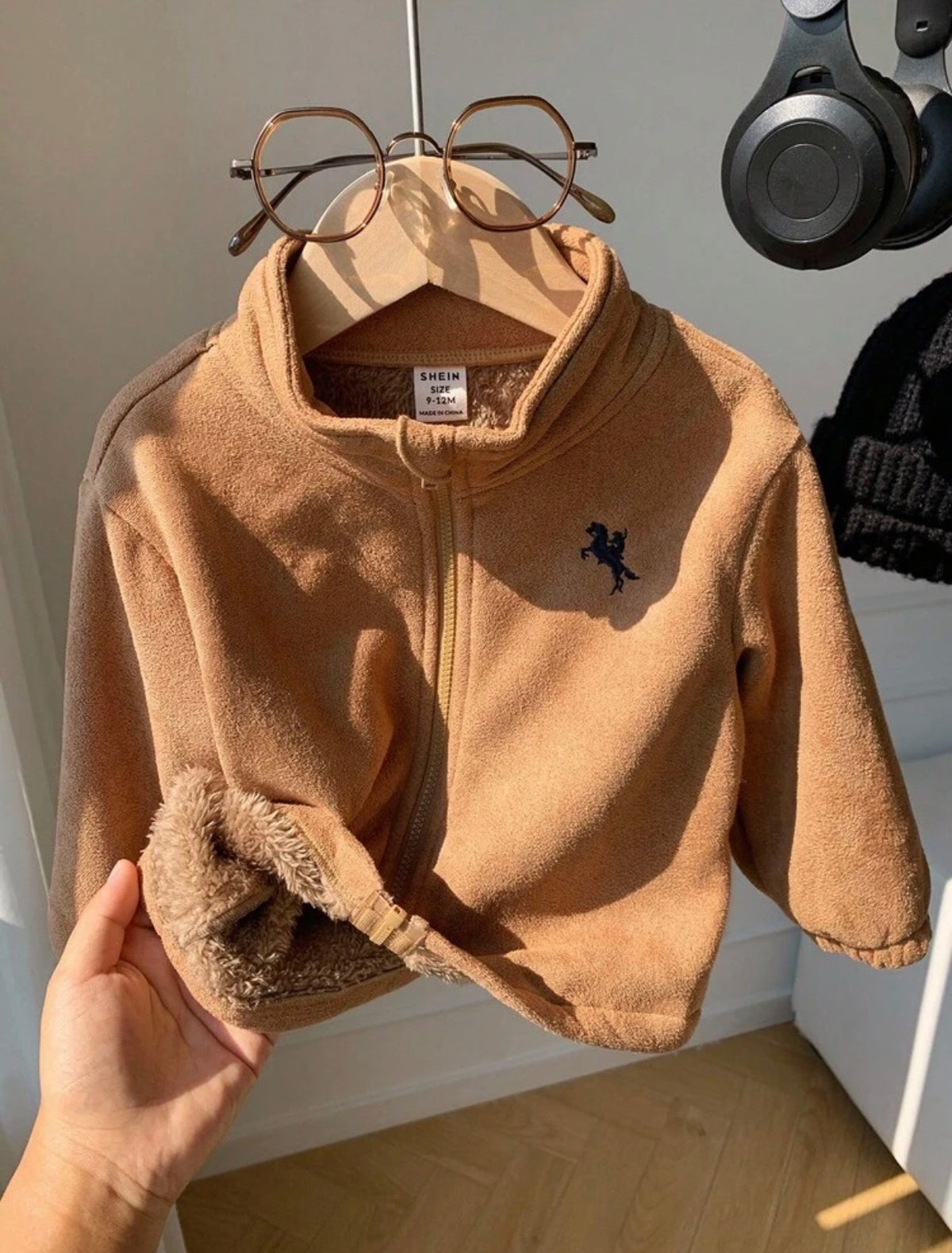 Baby Boys Suede Thermal Lined Stand Collar Zip Up Jacket.