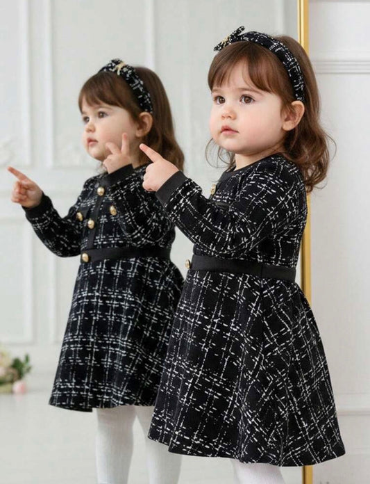 Girls Elegant Cute Black Plaid
Knit Long Sleeve Dress Fall/Winter.