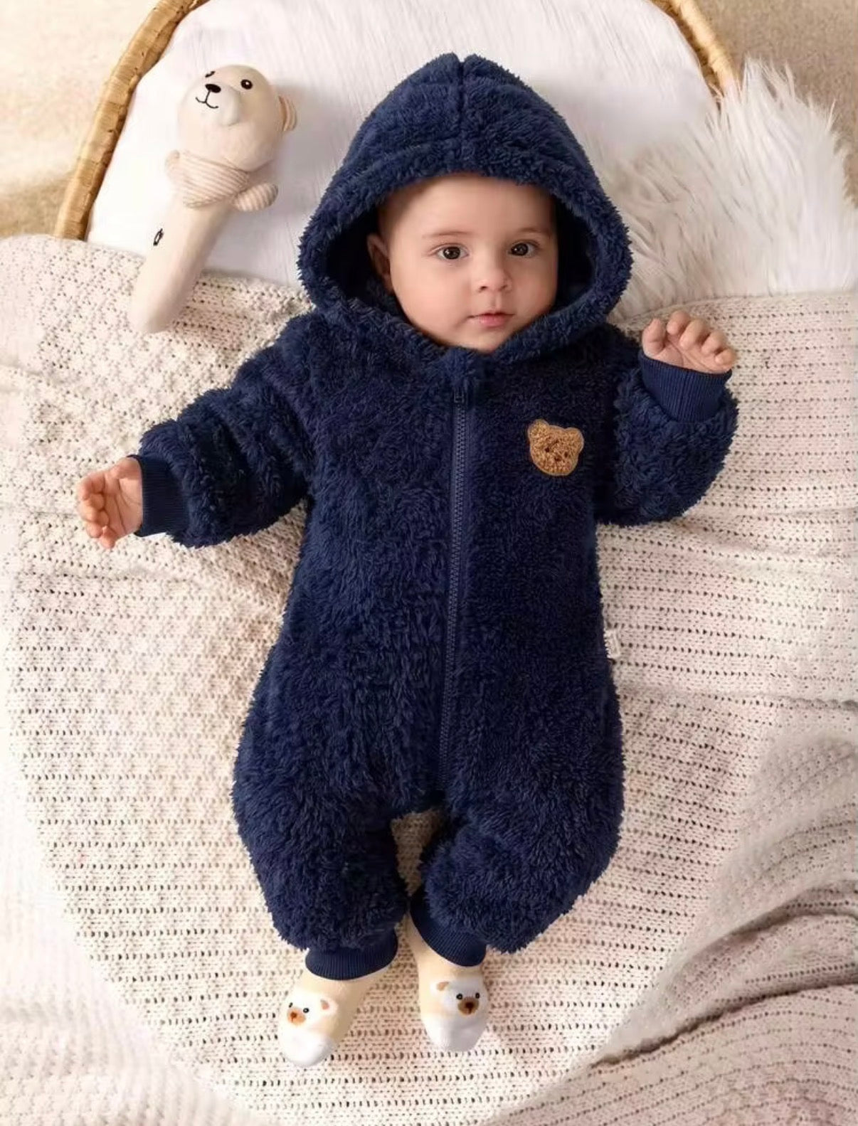Baby Girl/Boy Cartoon Bear Pattern Thermal Lined Thick Hooded Long Sleeve Autumn Winter Jumpsuit