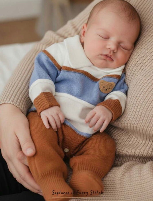 Kids Patchwork Textured Colorblock Striped Lapel Cartoon Bear Pattern Knitted Romper.