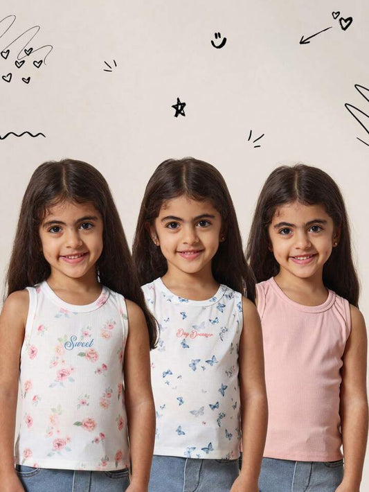 SUMWON Girls 3-Pack Summer Tank Tops Ribbed Floral Butterfly Print Sleeveless Basic Cami Set