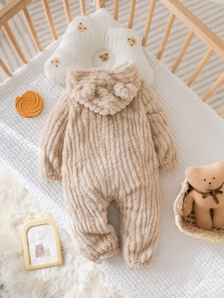 Beige Plush Hoodie Jumpsuit With Adorable 3D Bear Ear Decoration
