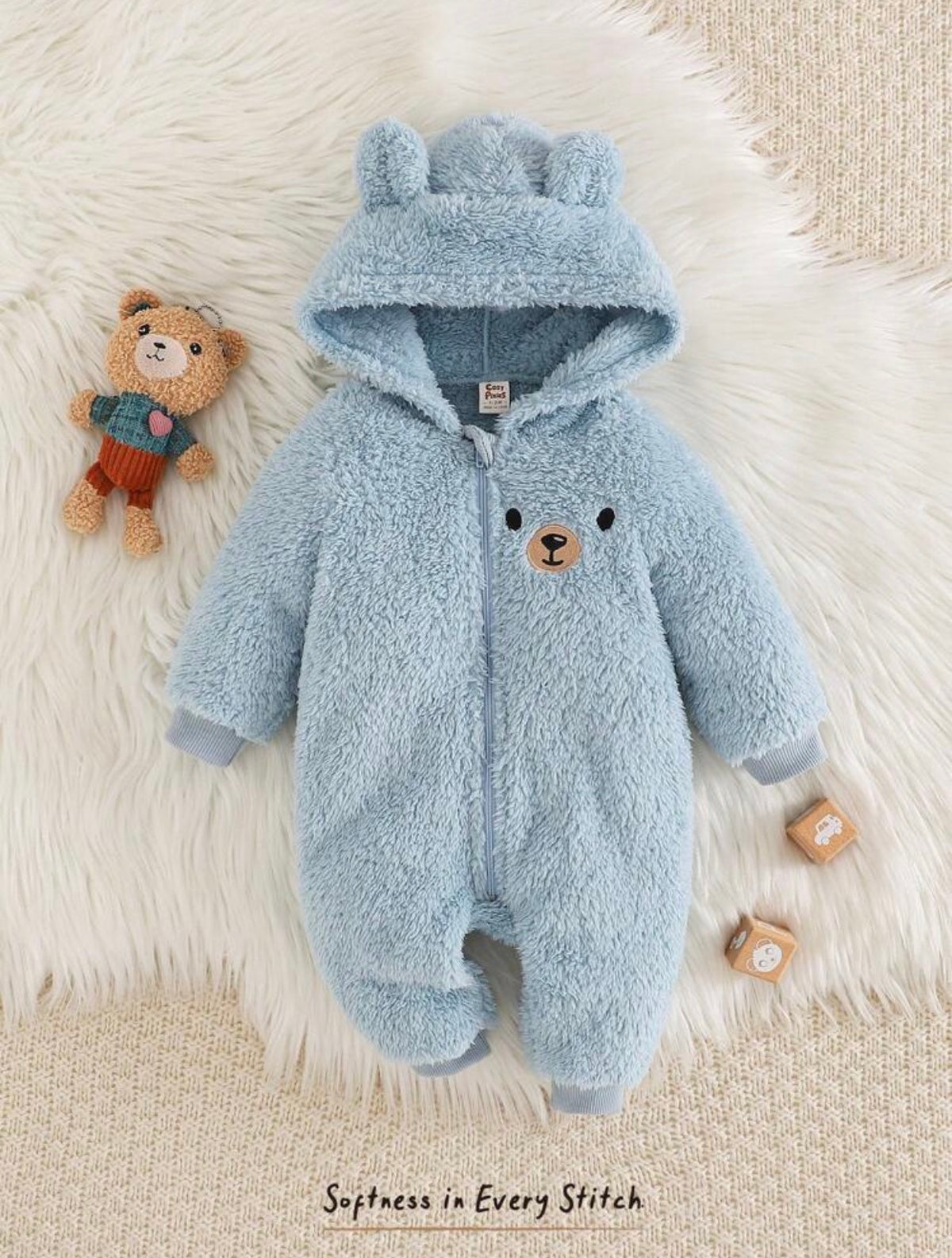 Cartoon Bear Pattern Ear Hooded Thicker Jumpsuit.
