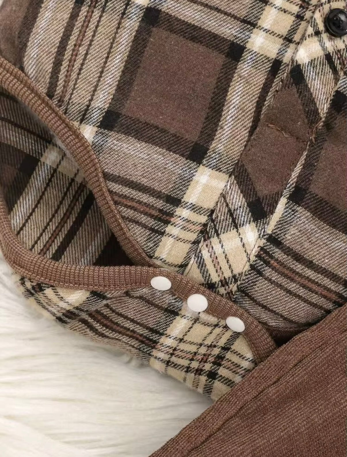 Kids 2pc,  Baby Boy Brown Plaid Autumn Cute Modest Matching Family Corduroy Bib Overalls Set.