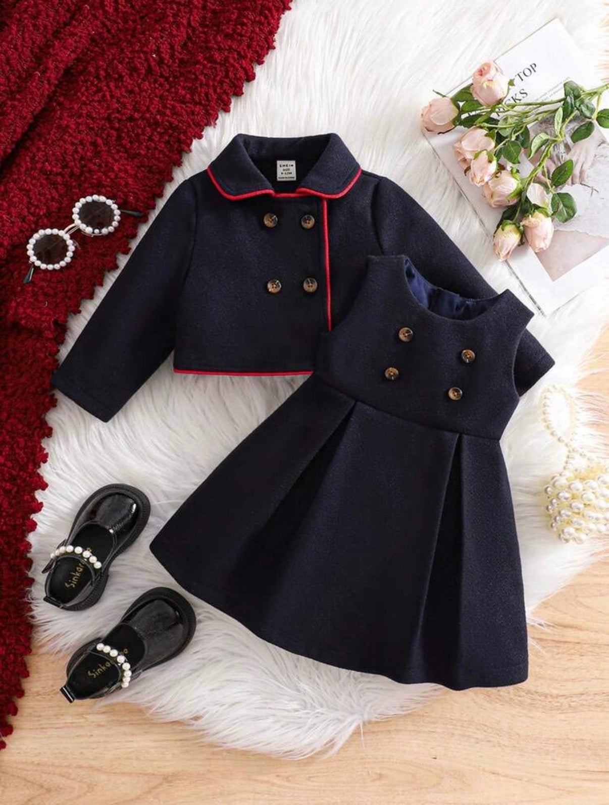 Girl Navy Long Sleeve Jacket & Dress Set.