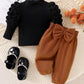 2pc Girl Black Puff Sleeve Top With Mid-High Collar And Bow Decoration Elastic Cuffed Pants Set.
