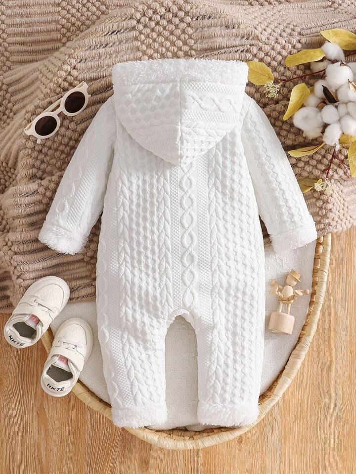 White Textured Fabric Plush Hooded Jumpsuit.