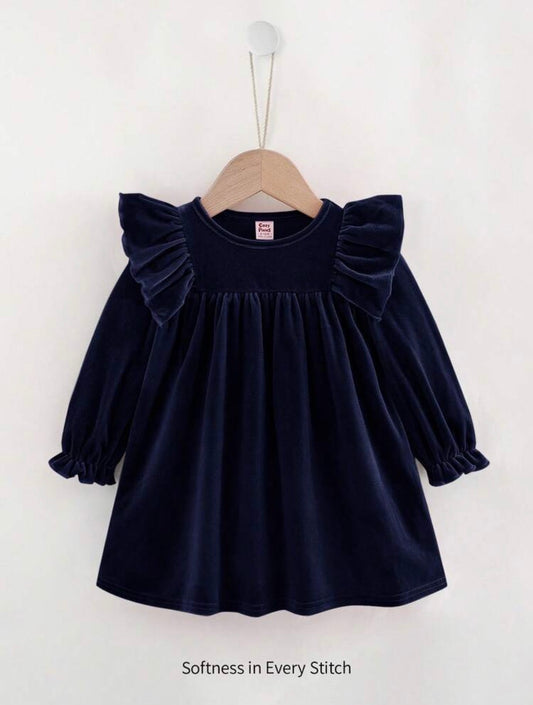 Round Neck Ruffle Hem Cinched Waist Long Sleeve Dress In Blue.