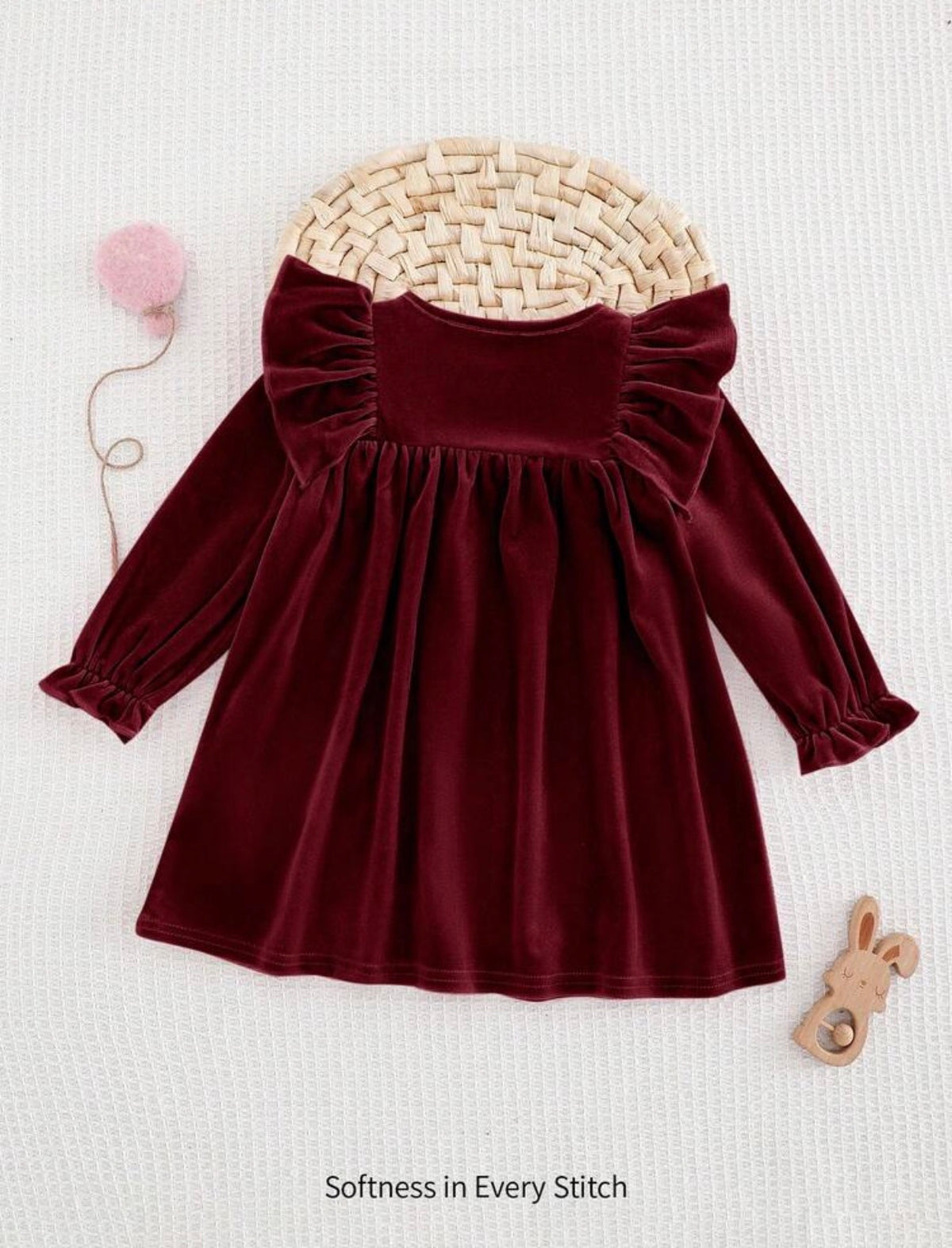 Round Neck Ruffle Hem Cinched Waist Long Sleeve Dress Burgundy.   (Delivery By Oct 10)