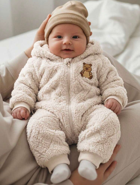 Baby Girl/Boy Cartoon Bear Pattern Thermal Lined Thick Hooded Long Sleeve Autumn Winter Jumpsuit