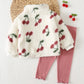 Girl Cherry Pattern Fleece Lined Thick Crew Neck Long Sleeve Half-Zip Pullover Autumn Winter Sweatshirt And Elastic Waist Leggings 2 Pieces Set.( delivery by 15th October)