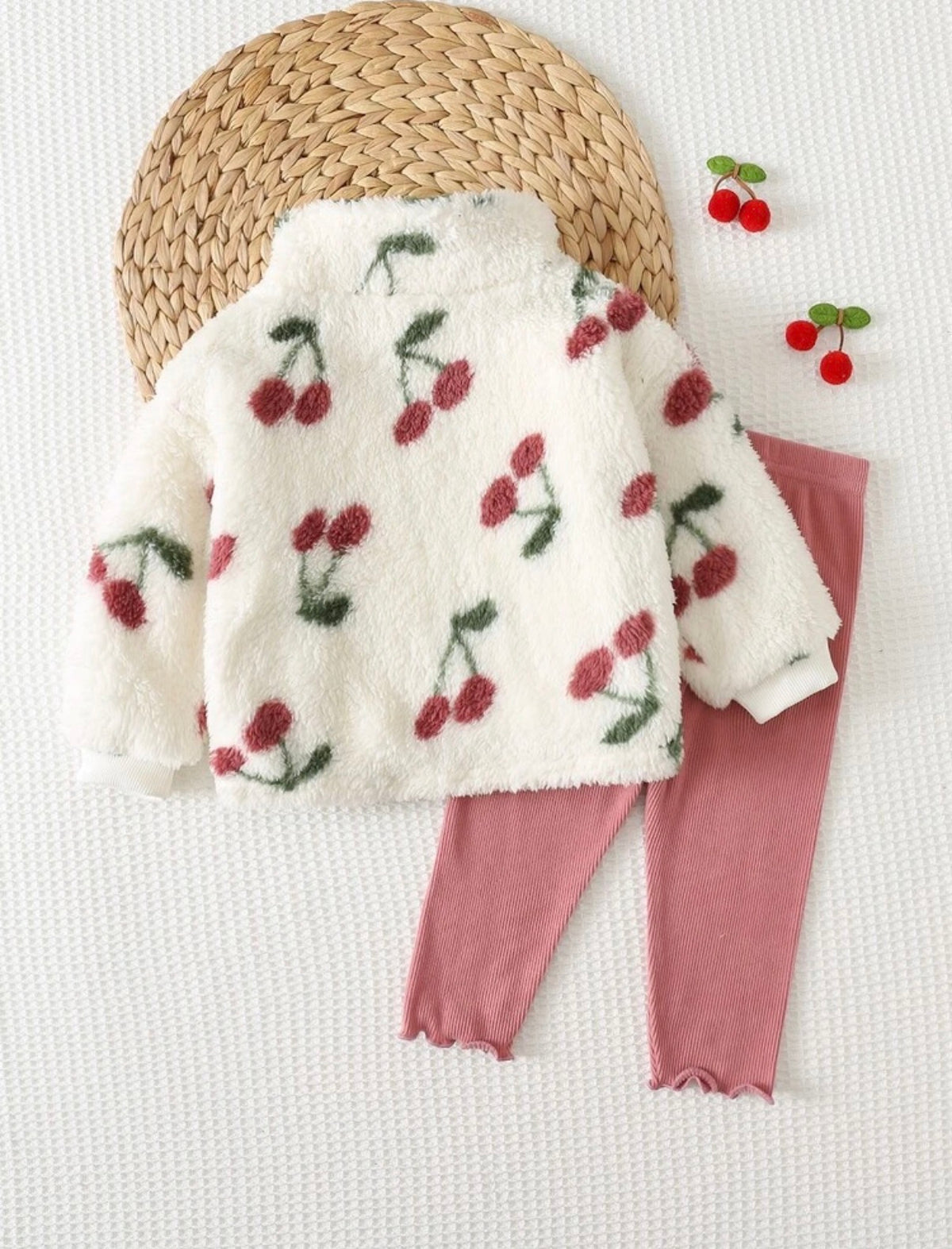 Girl Cherry Pattern Fleece Lined Thick Crew Neck Long Sleeve Half-Zip Pullover Autumn Winter Sweatshirt And Elastic Waist Leggings 2 Pieces Set.( delivery by 15th October)