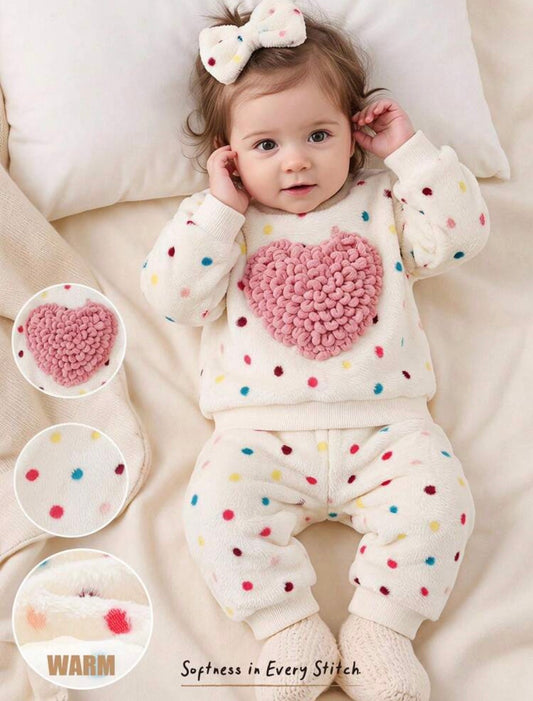 Baby Girl Colorful Cartoon Polka Dot 3D Heart Crew Neck Plush Set. ( Delivery by 19th October)