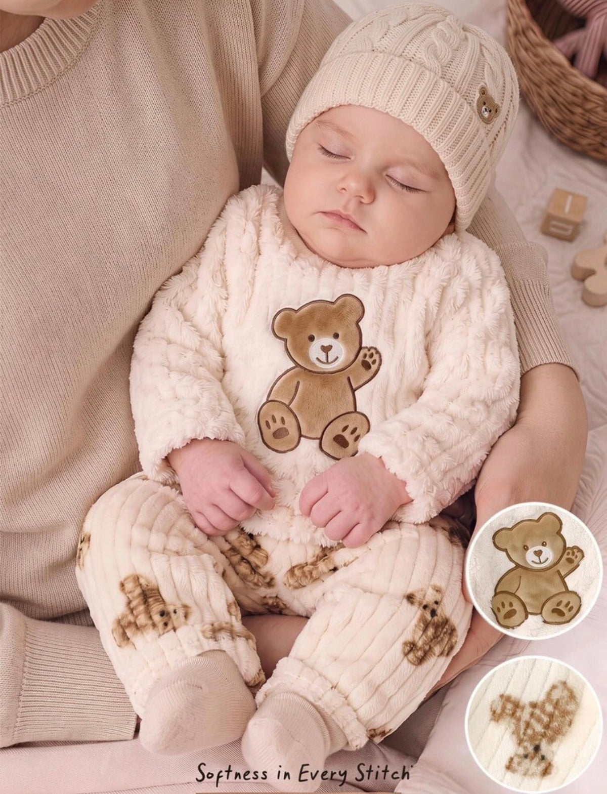 2Pc Baby Pajamas With Shirt Round Neck Bear Embroidery Flannel Loungewear.