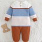 Kids Patchwork Textured Colorblock Striped Lapel Cartoon Bear Pattern Knitted Romper.