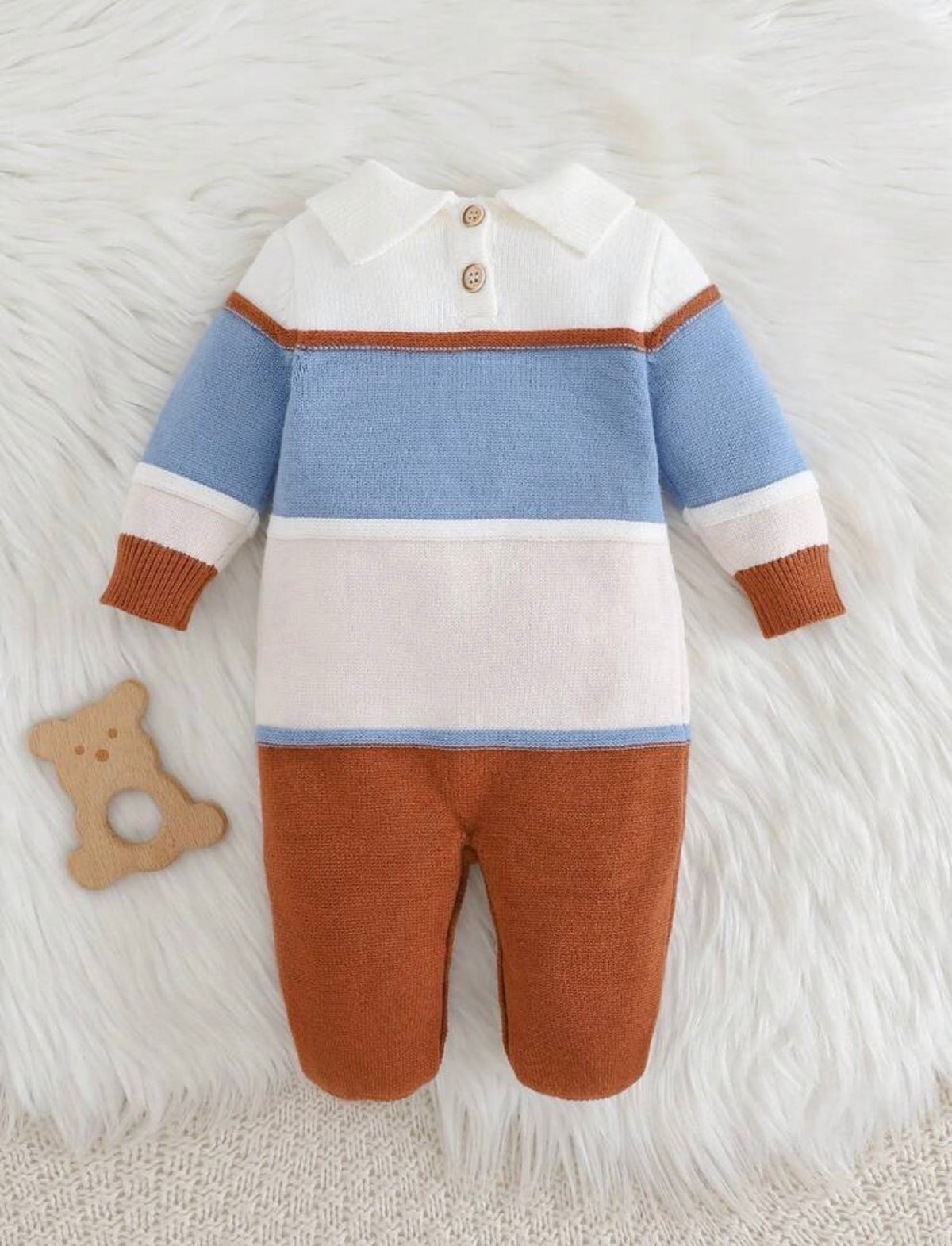Kids Patchwork Textured Colorblock Striped Lapel Cartoon Bear Pattern Knitted Romper.