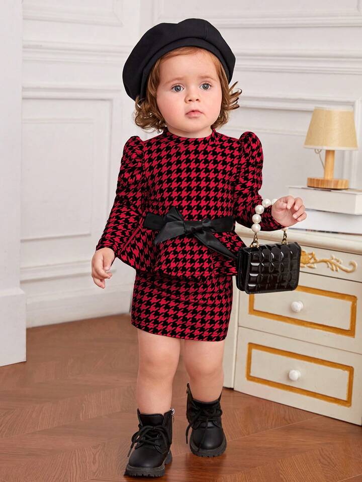 Baby Girl Houndstooth Print Puff Sleeve Belted Dress
