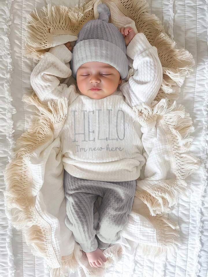 HELLO Letter Embroidered Newborn Outfit, Baby Boy/Girl Top, Pants, Hat 3pcs Set, Fall Winter