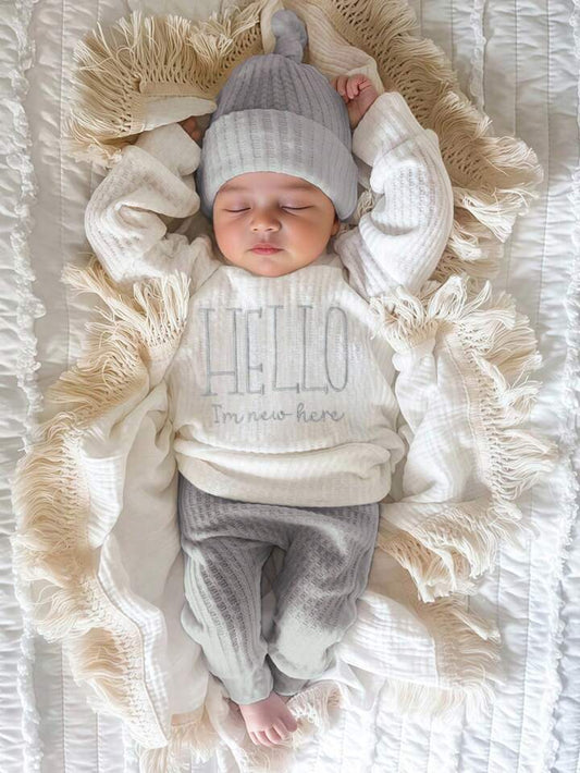 HELLO Letter Embroidered Newborn Outfit, Baby Boy/Girl Top, Pants, Hat 3pcs Set, Fall Winter
