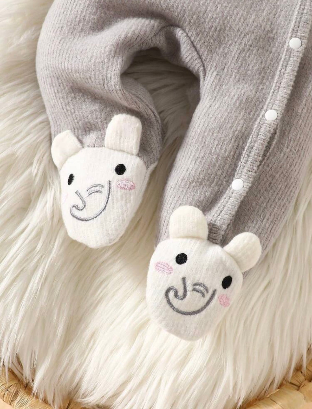 1pc Newborn Baby Footie Romper Elephant Embroidered Ribbed Long Sleeve Round Neck.