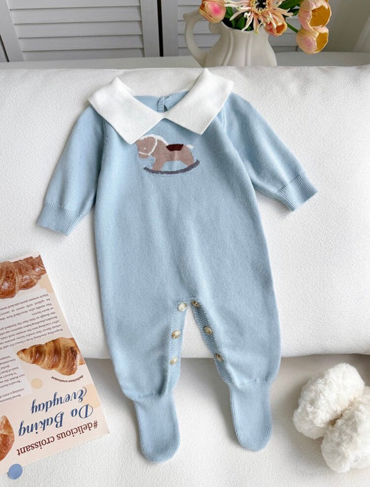 Baby Boy Contrast Color Lapel Long Sleeve Casual Knit Romper Autumn Fall.