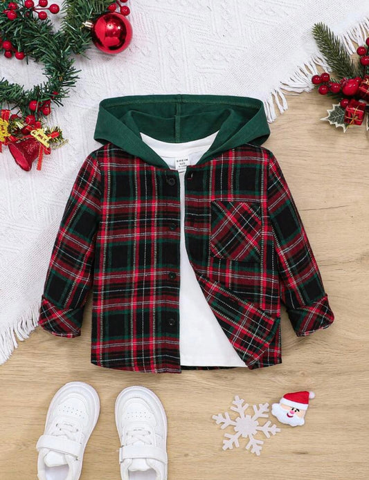 Baby Boy Plaid Print Hooded Shirt Without Tee