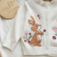 Girl Floral Cartoon Rabbit Embroidery Ruffle Trim Long Sleeve Single-Breasted Knit Cardigan, In Fall/Winter.