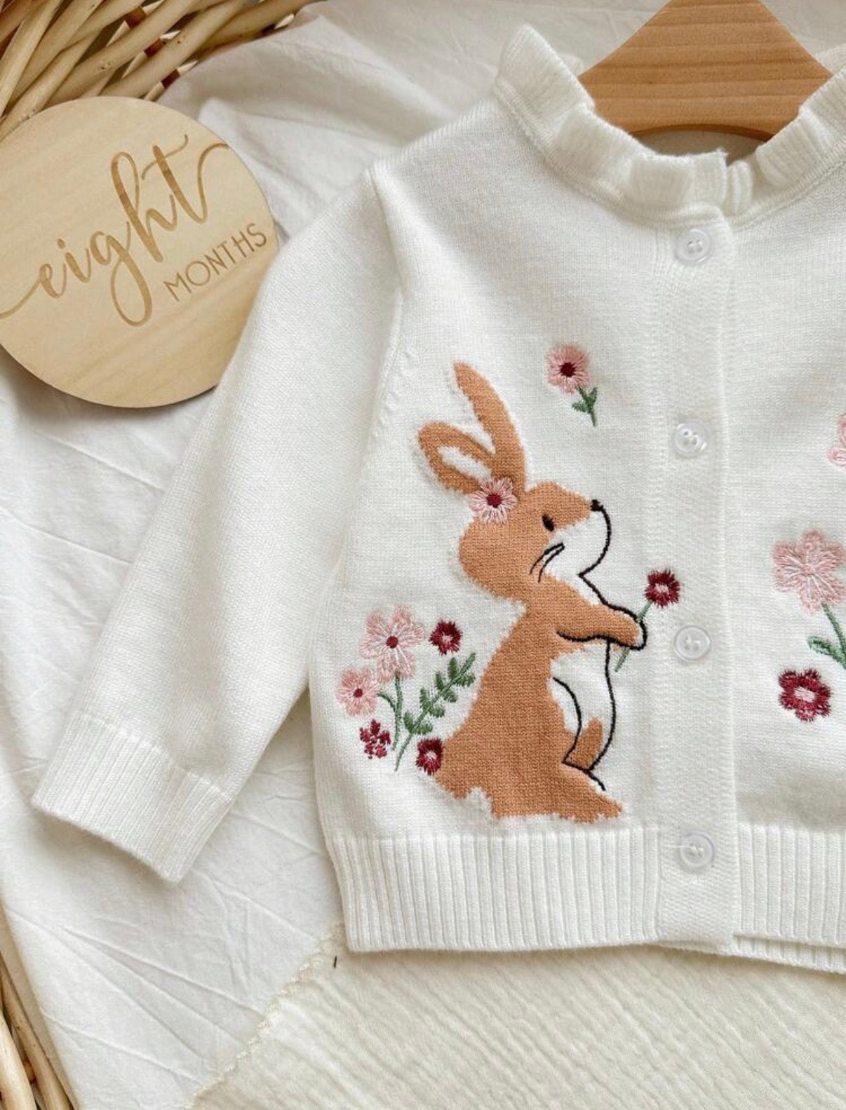 Girl Floral Cartoon Rabbit Embroidery Ruffle Trim Long Sleeve Single-Breasted Knit Cardigan, In Fall/Winter.