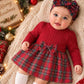 Girls Sweet Red Plaid Bow Ribbed Tartan Long Sleeve Round Neck Regular Winter Dress.