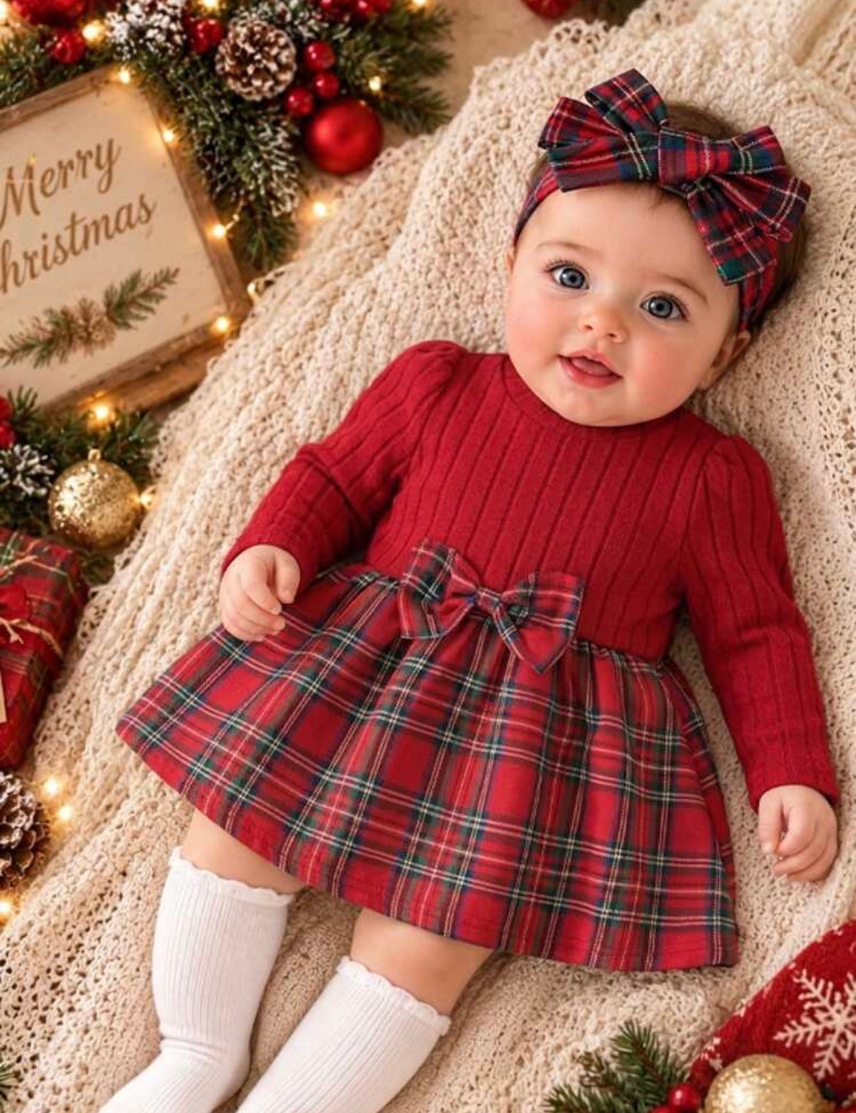 Girls Sweet Red Plaid Bow Ribbed Tartan Long Sleeve Round Neck Regular Winter Dress.