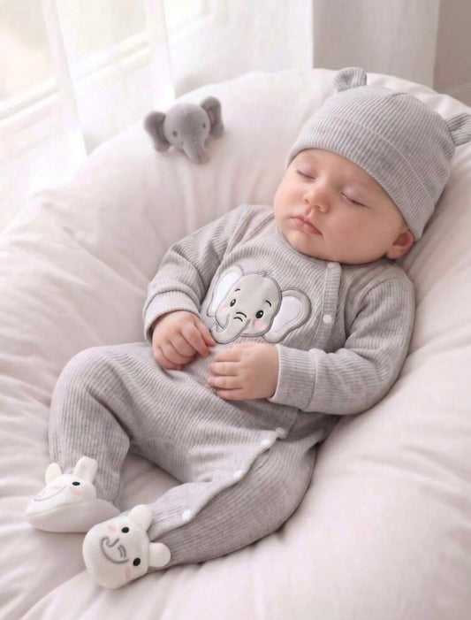 1pc Newborn Baby Footie Romper Elephant Embroidered Ribbed Long Sleeve Round Neck.
