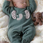 1pc Newborn Baby Green Plush Elephant Print Long Sleeve Footed Jumpsuit.