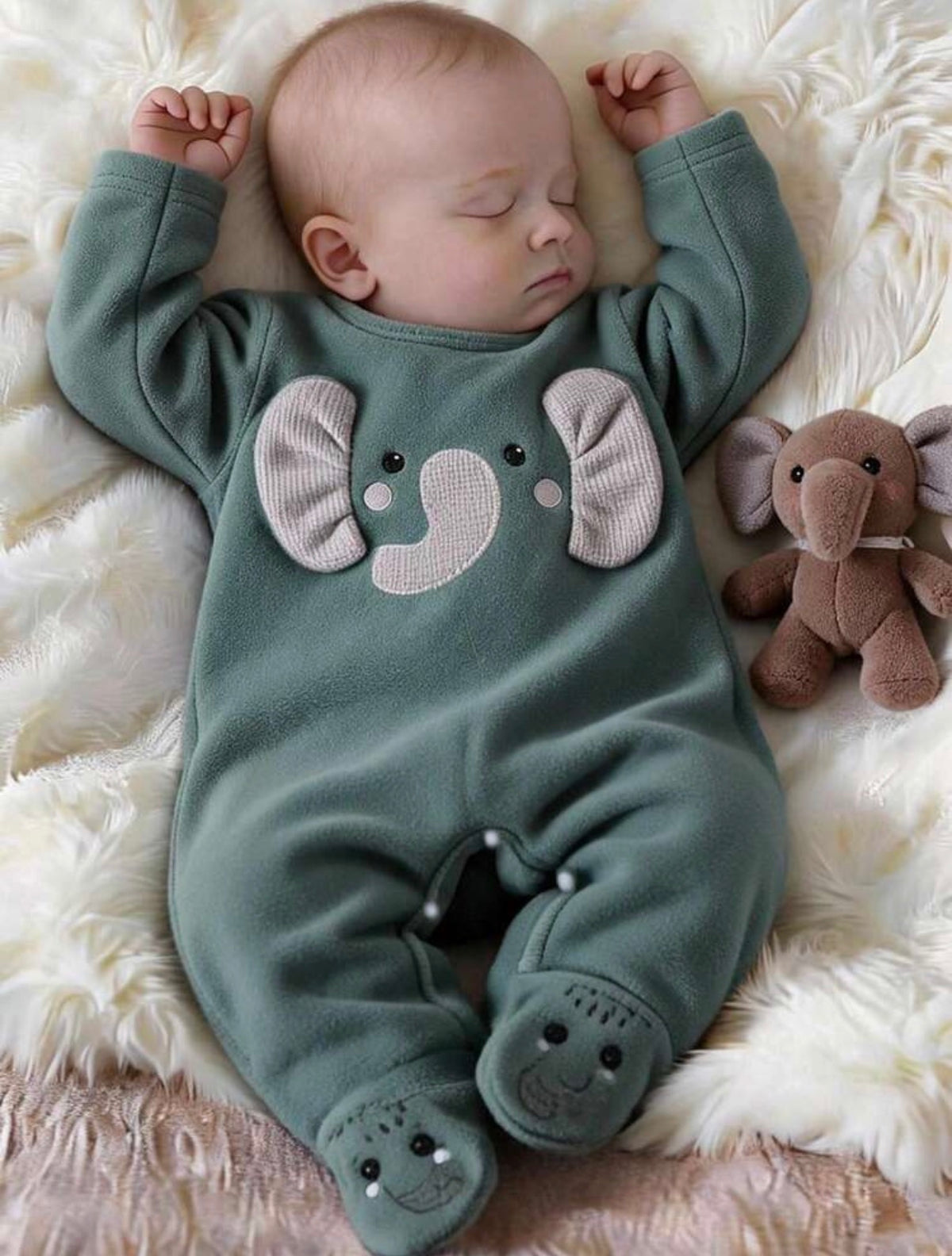1pc Newborn Baby Green Plush Elephant Print Long Sleeve Footed Jumpsuit.