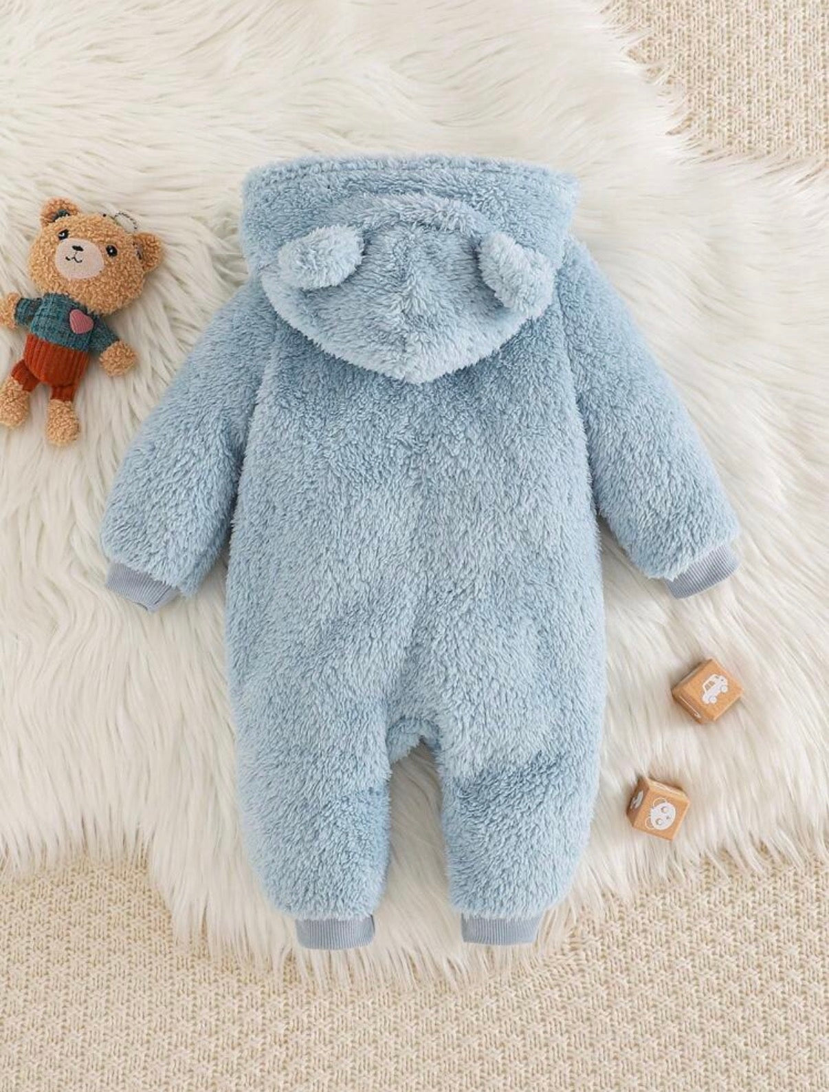 Cartoon Bear Pattern Ear Hooded Thicker Jumpsuit.